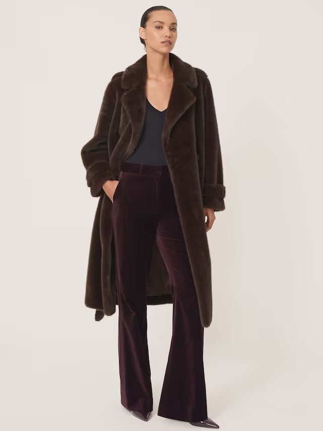 Cate Faux-Fur Long Belted Coat in Chocolate Brown
