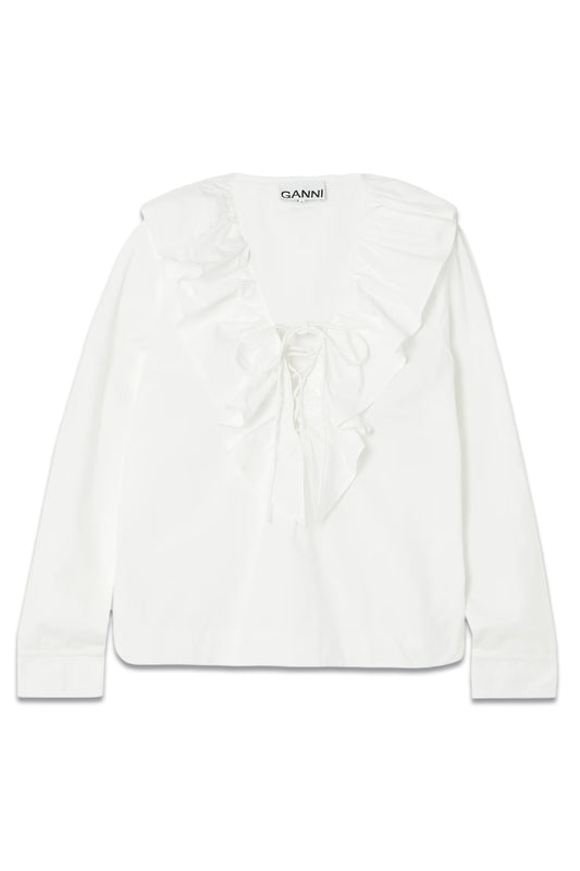 + NET SUSTAIN Ruffled Lace-up Organic Cotton-poplin Blouse