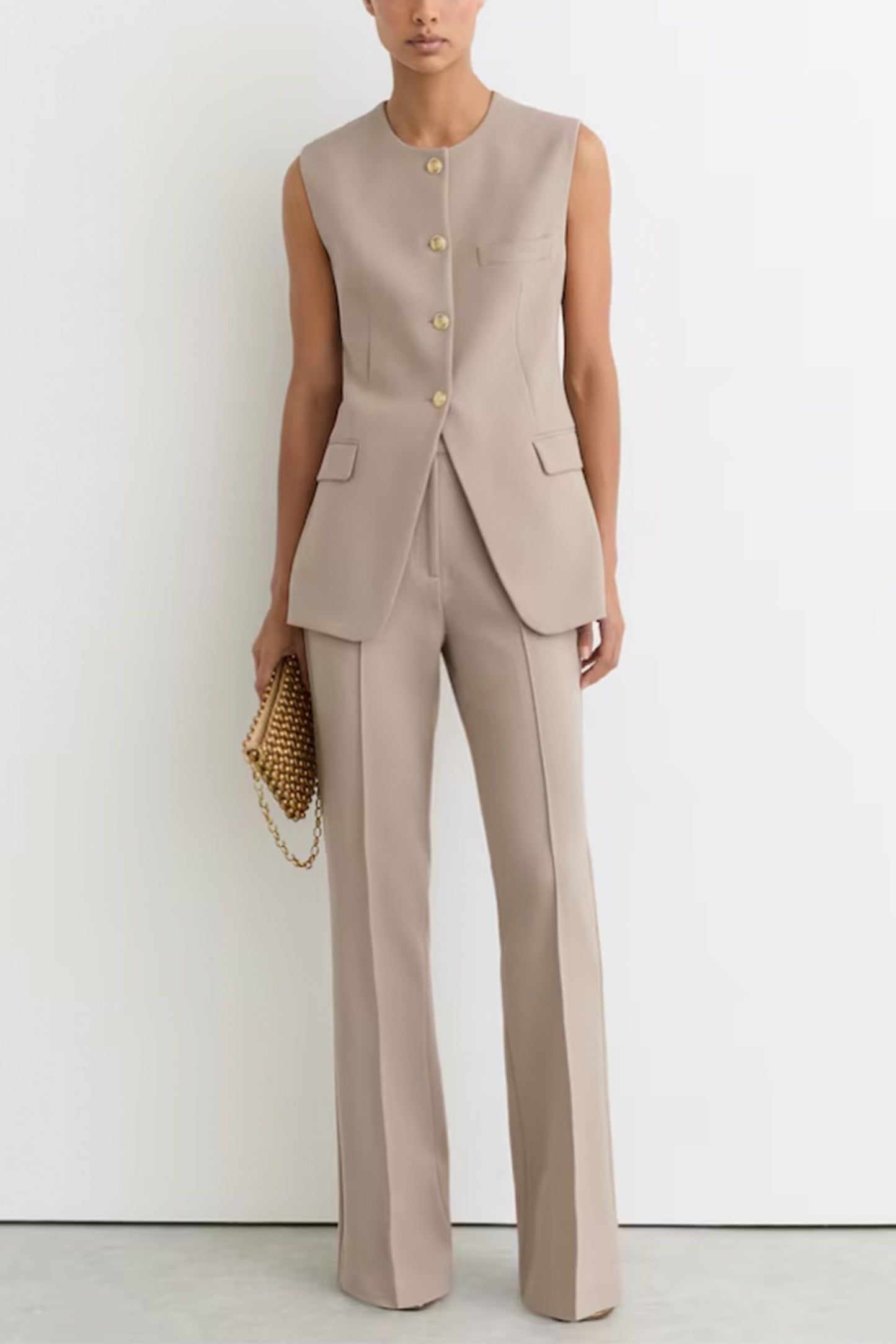 Button-Through Longline Waistcoat in Stone Neutral