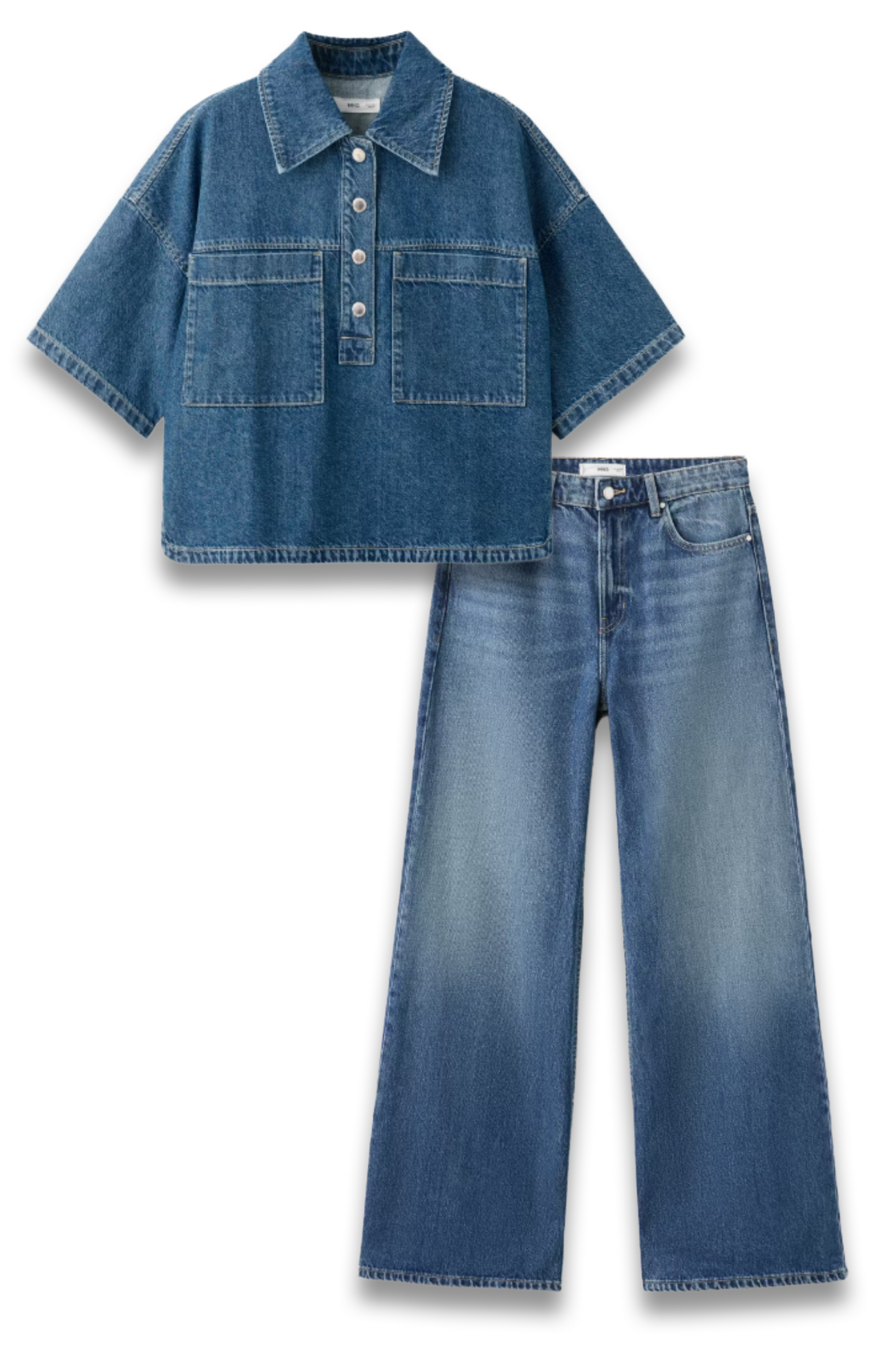 Denim Blouse with Pockets and Wide Leg Mid-Rise Jeans
