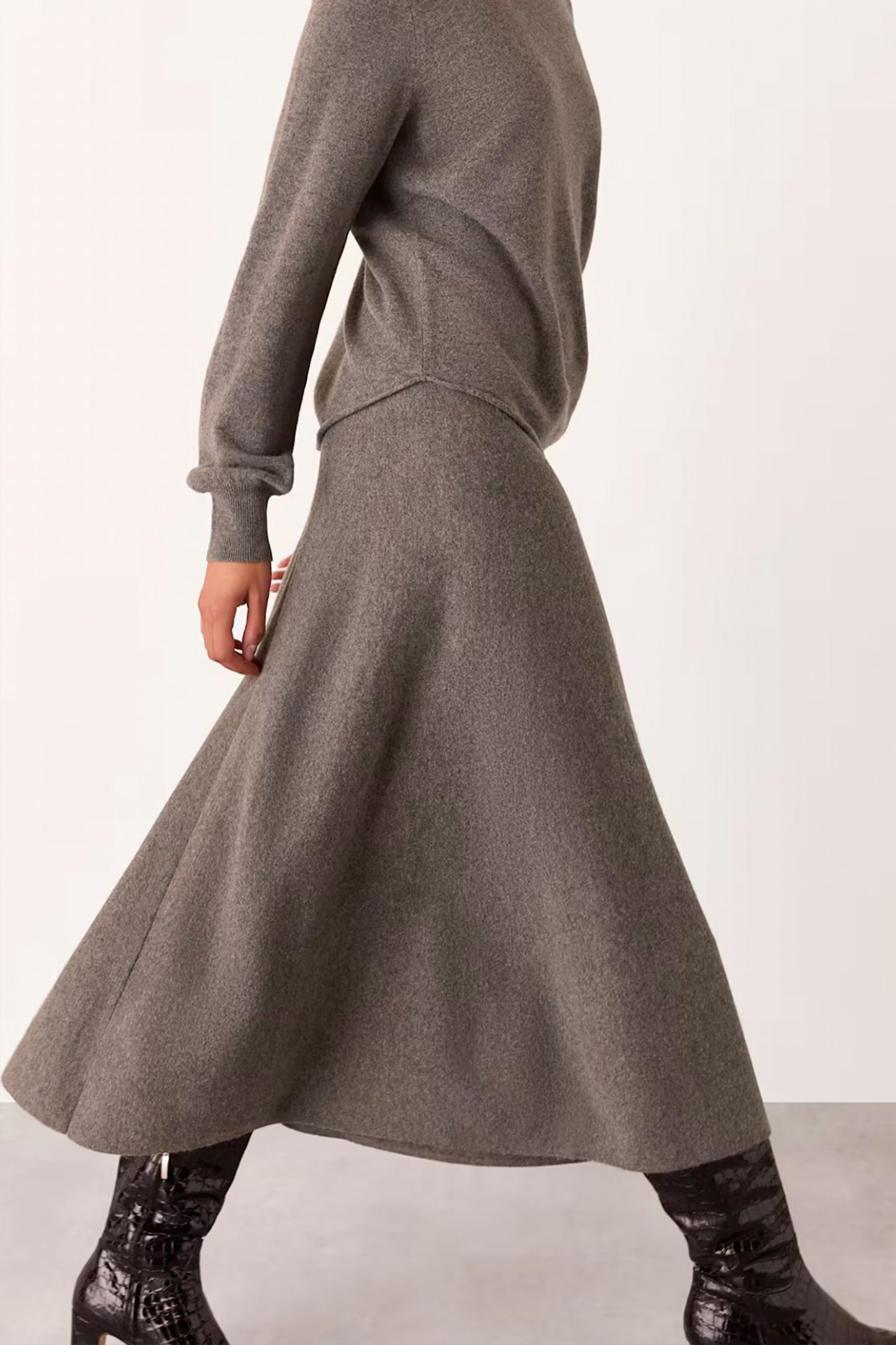 Taupe Side Ruched Detail Knit Jumper & Midi Skirt Co-ord