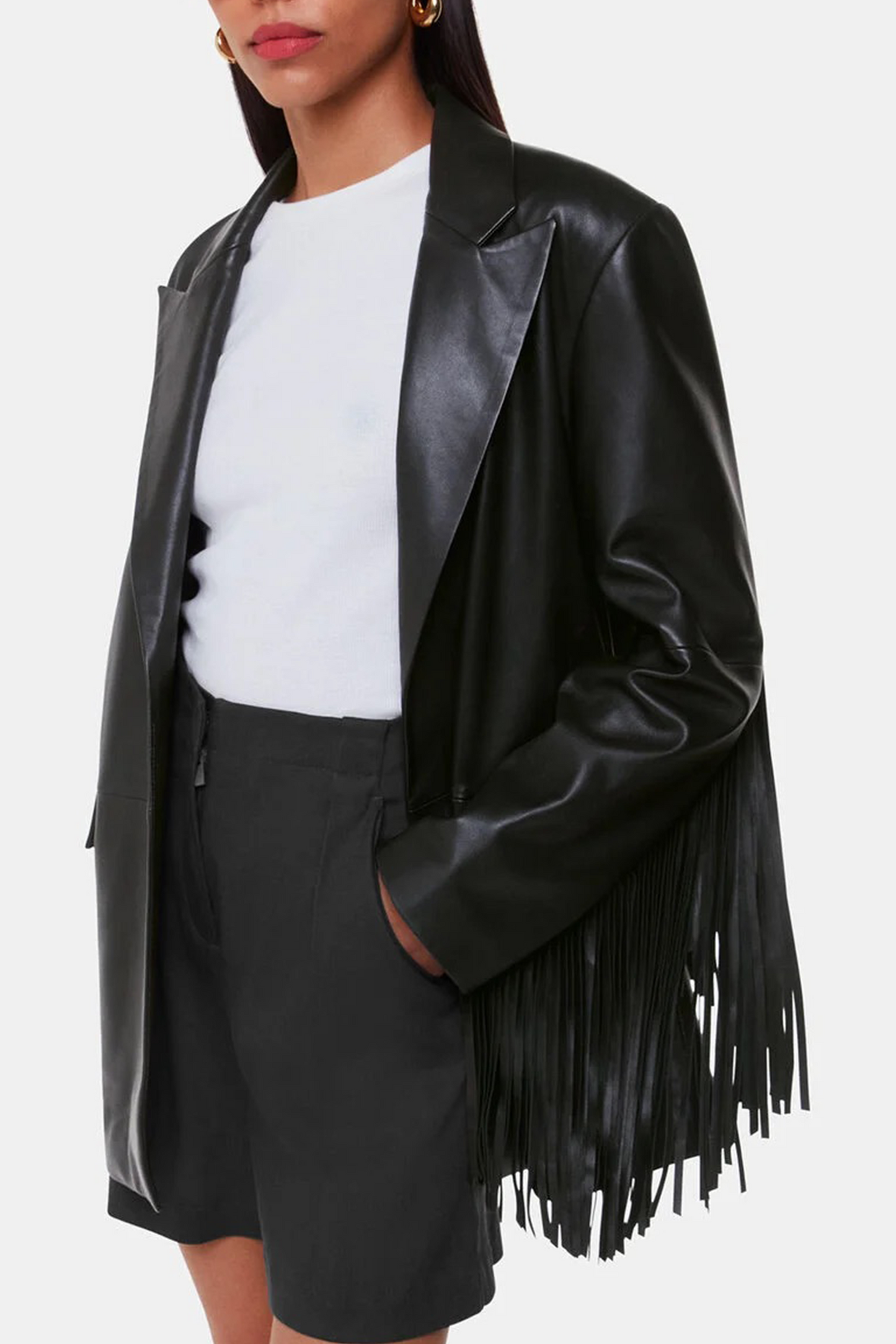 Black Gia Leather Fringed Jacket