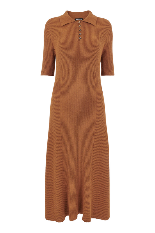 Camel Knitted Ribbed Midi Dress