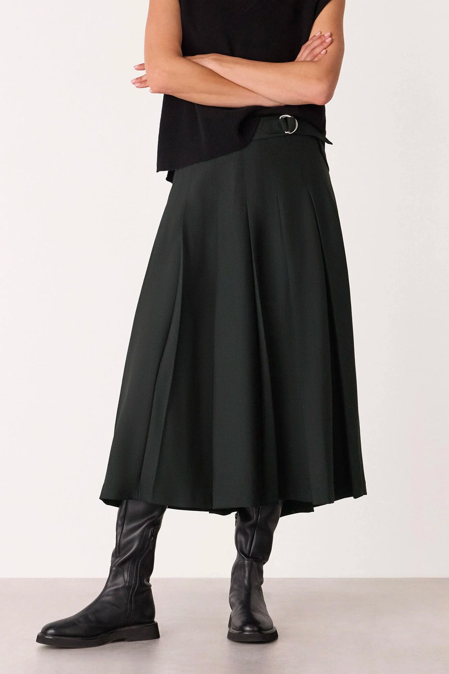 Black Wool-blend Pleated Kilt Skirt