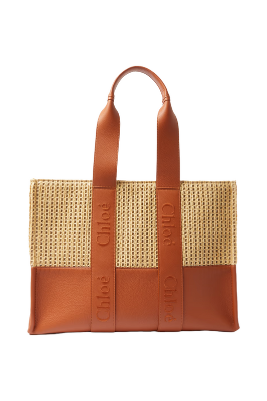 Woody Large Raffia and Embroidered Textured-Leather Tote