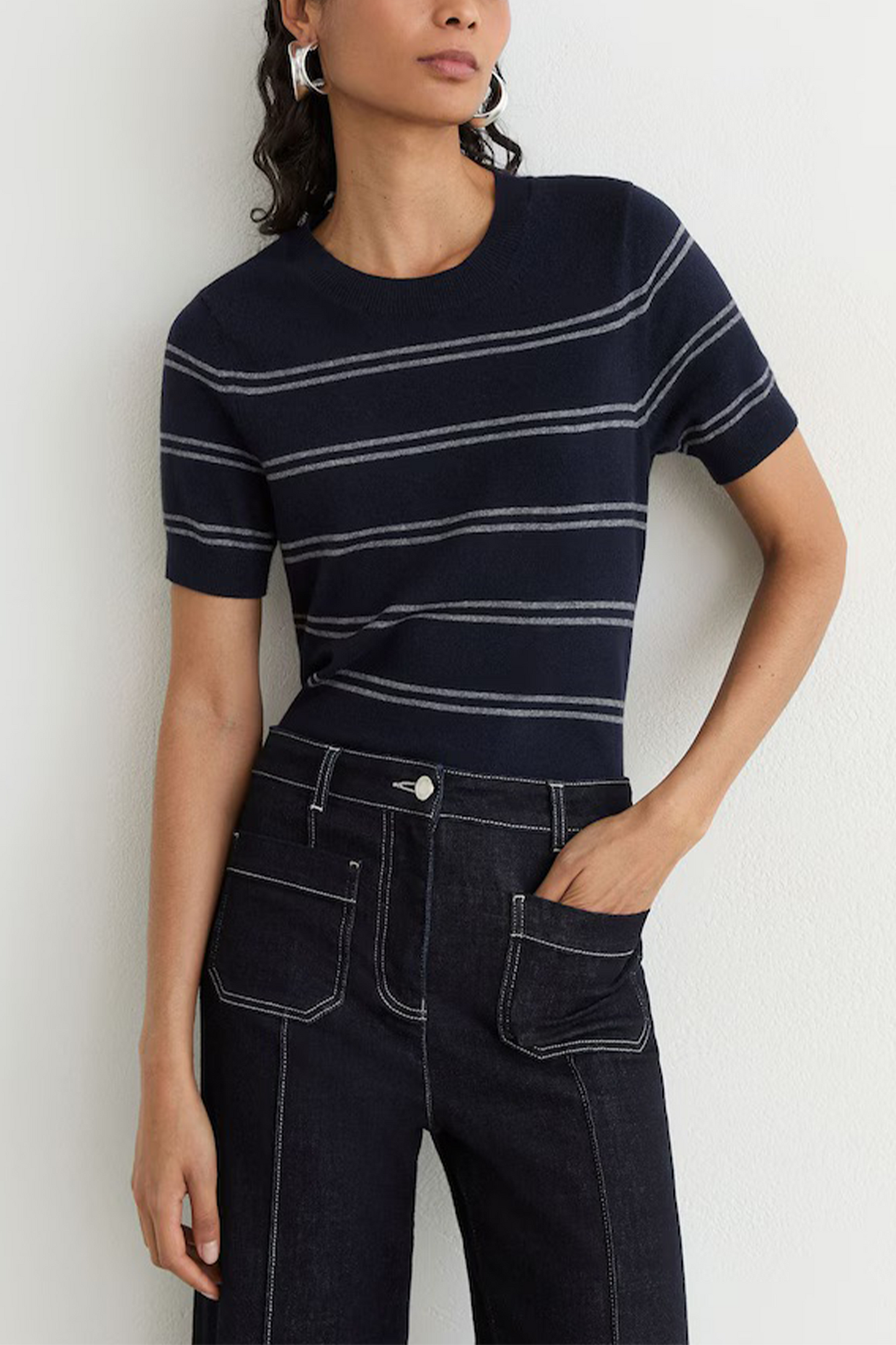 Wool-Blend Striped Knit Top with Cashmere in Navy/Grey