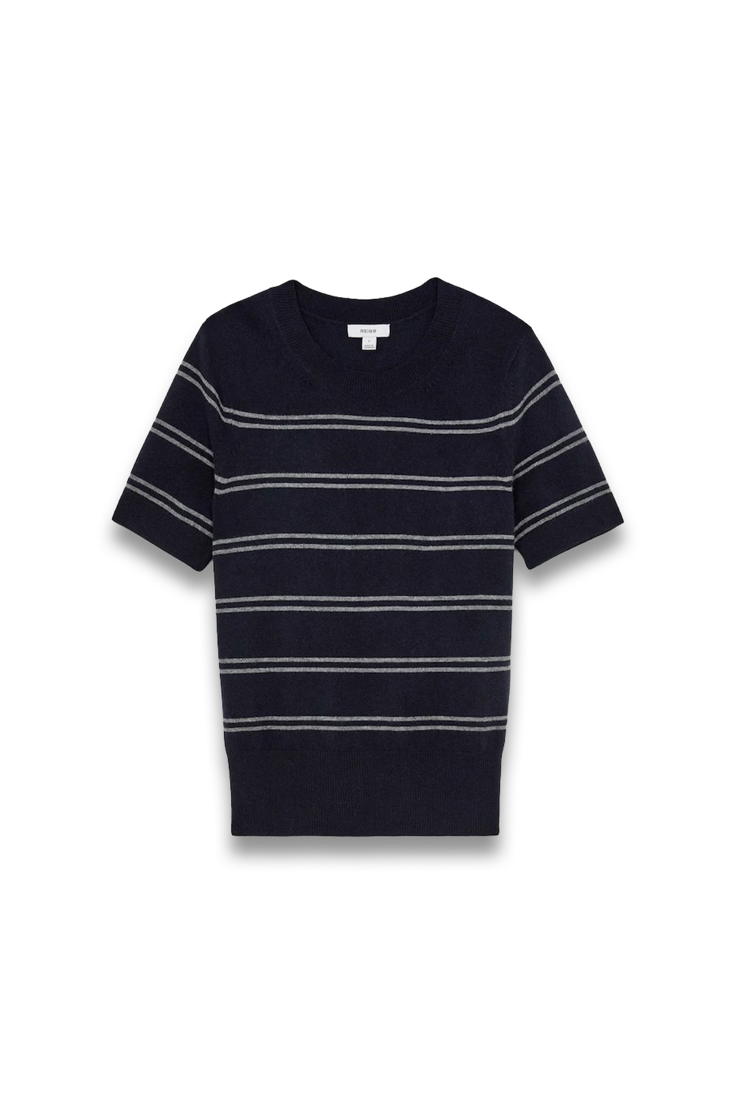 Wool-Blend Striped Knit Top with Cashmere in Navy/Grey