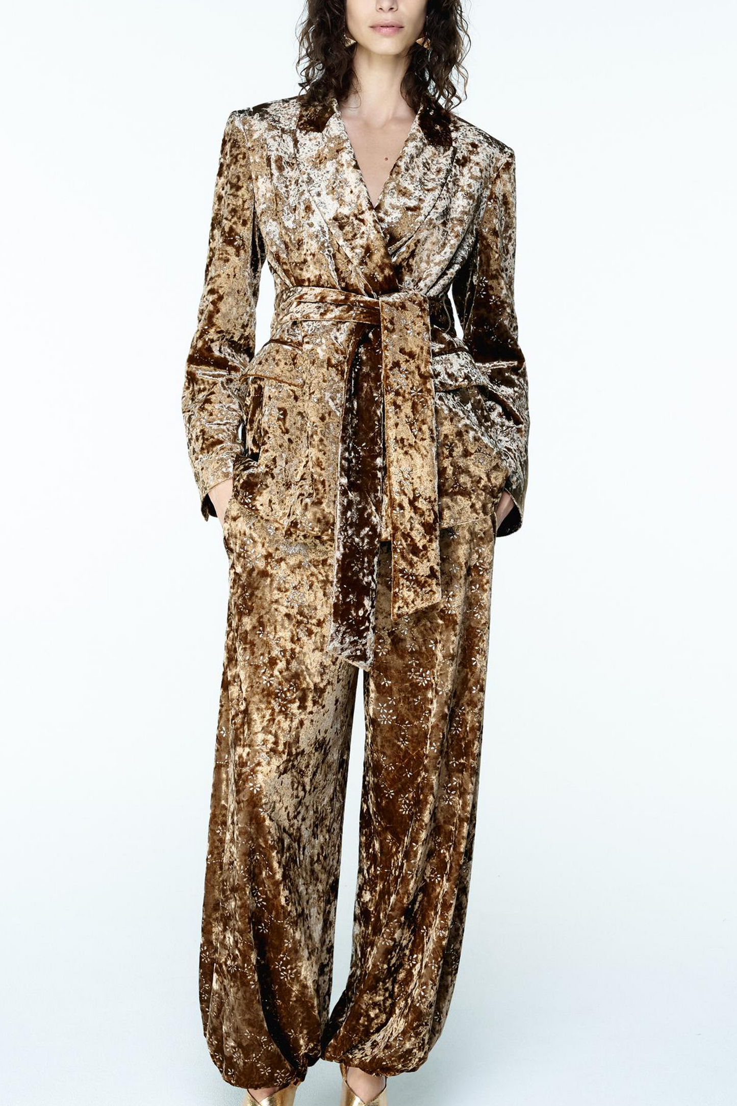 Velvet Blazer With Metallic Thread Belt