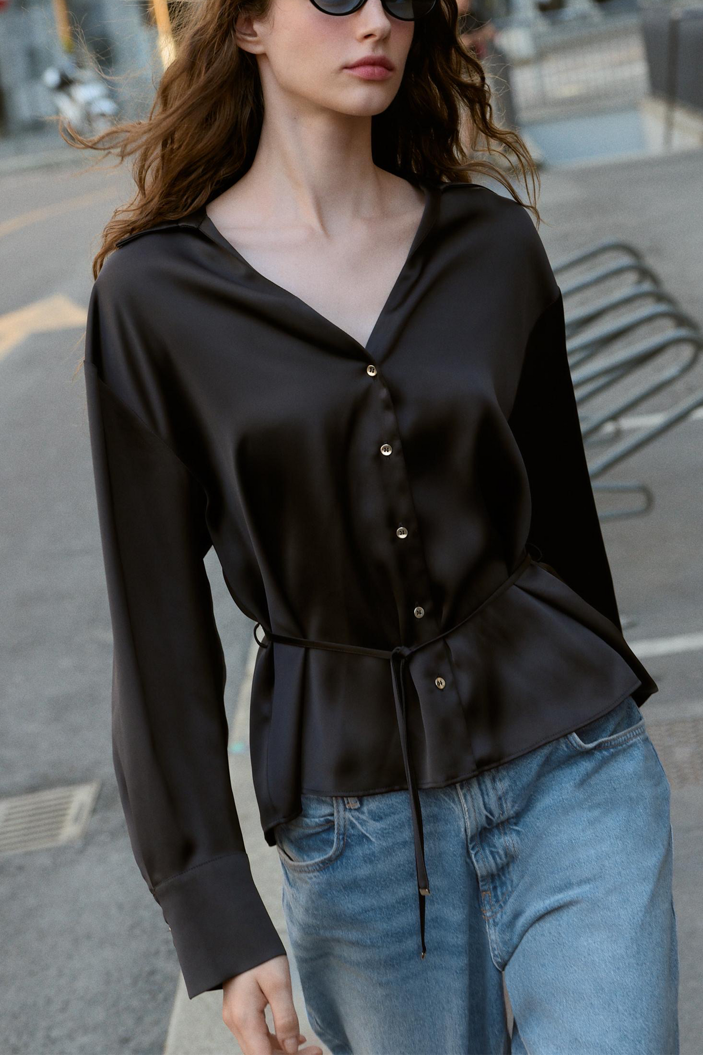 Satin Blouse With Thin Belt
