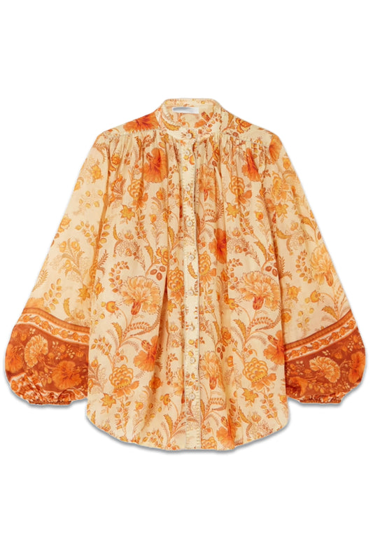 Junie Gathered Embellished Floral-print Ramie Blouse