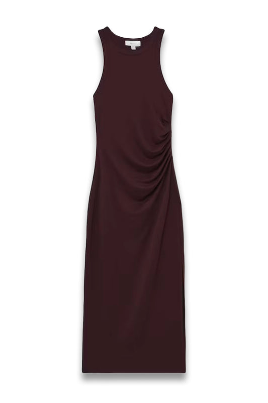 Jersey Ruched Racer Midi Dress in Burgundy