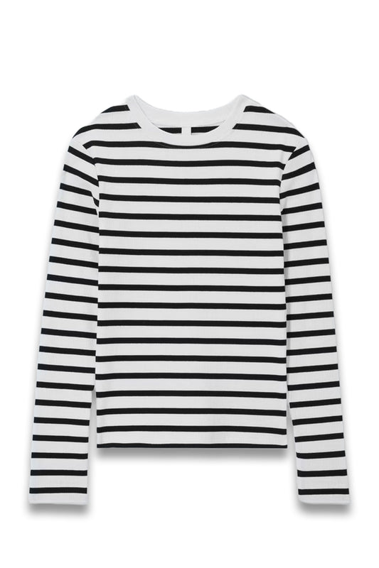 Rib Stripe Long Sleeve Top, White/Black