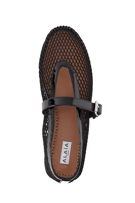 Patent Leather-trimmed Mesh Ballet Flats