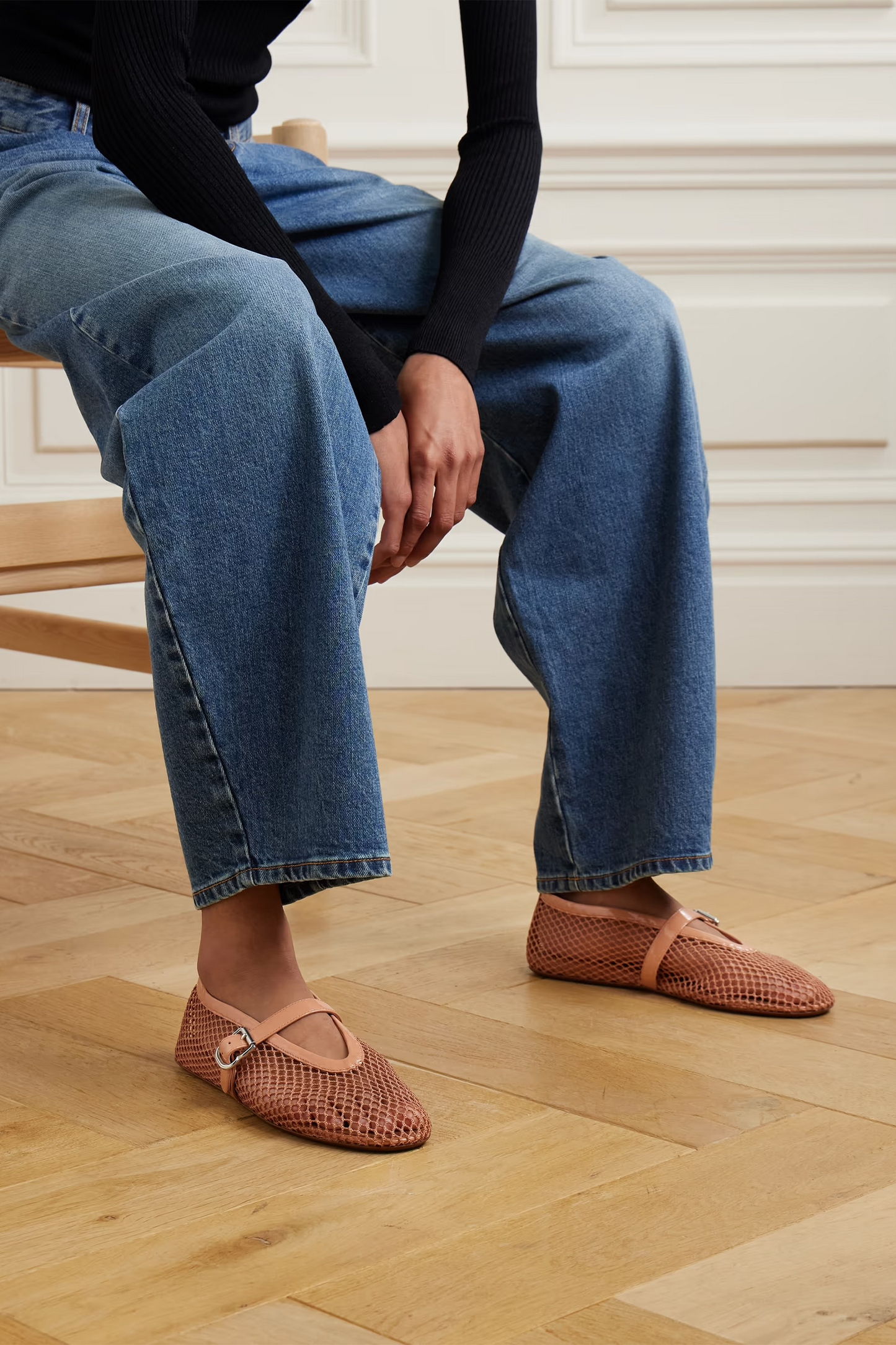 Patent Leather-trimmed Mesh Ballet Flats