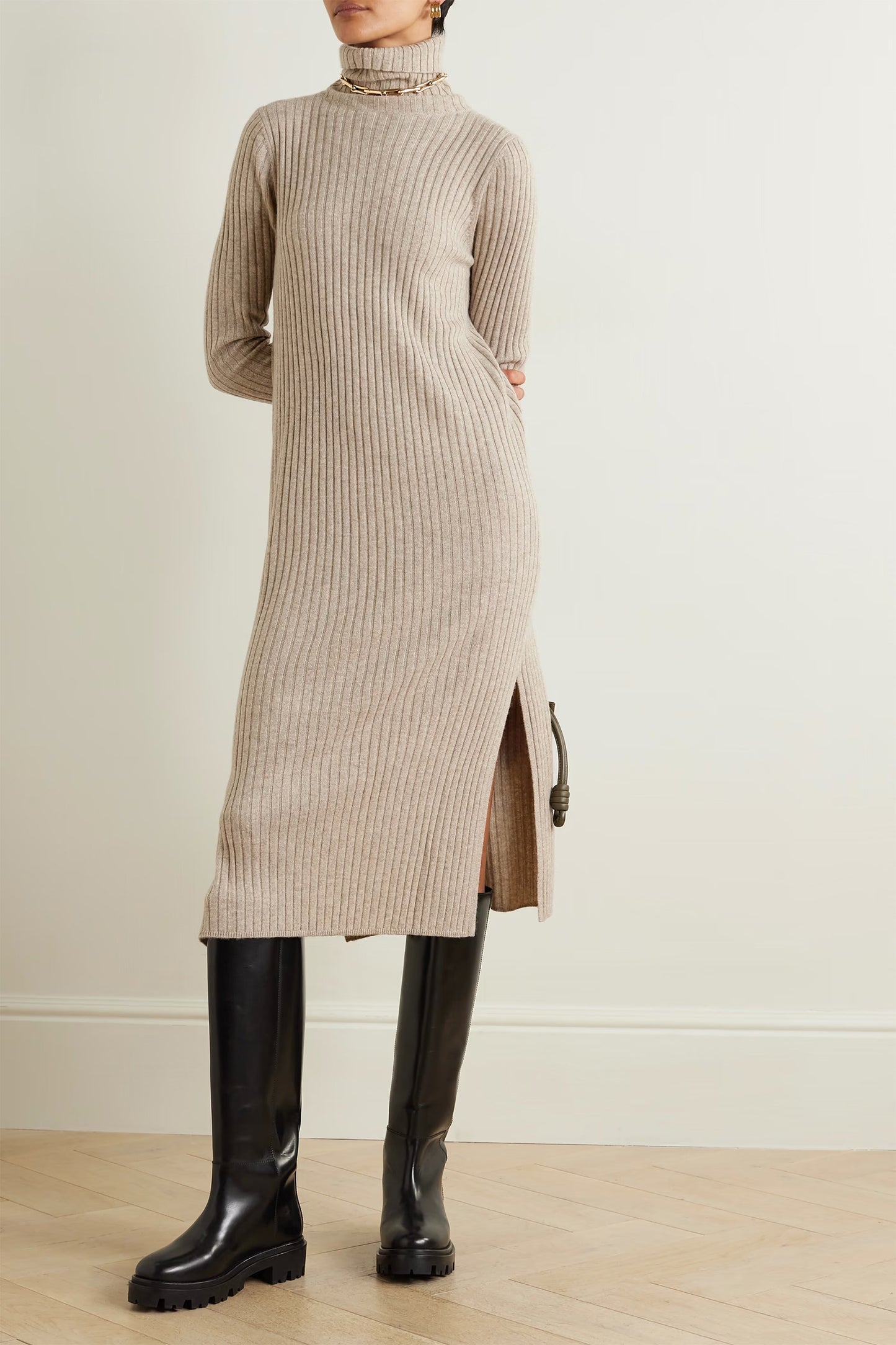 Ribbed Cashmere Turtleneck Midi Dress