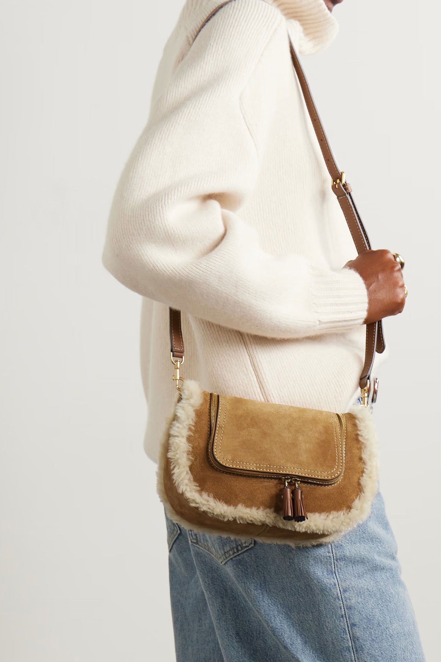 Vere Small Leather And Shearling-trimmed Suede Shoulder Bag