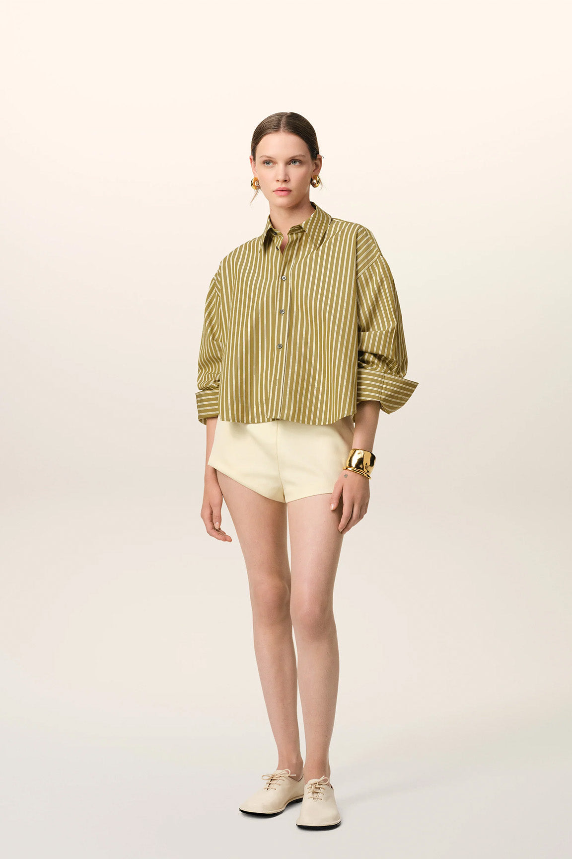 Khaki Cotton Cropped Oversized Shirt