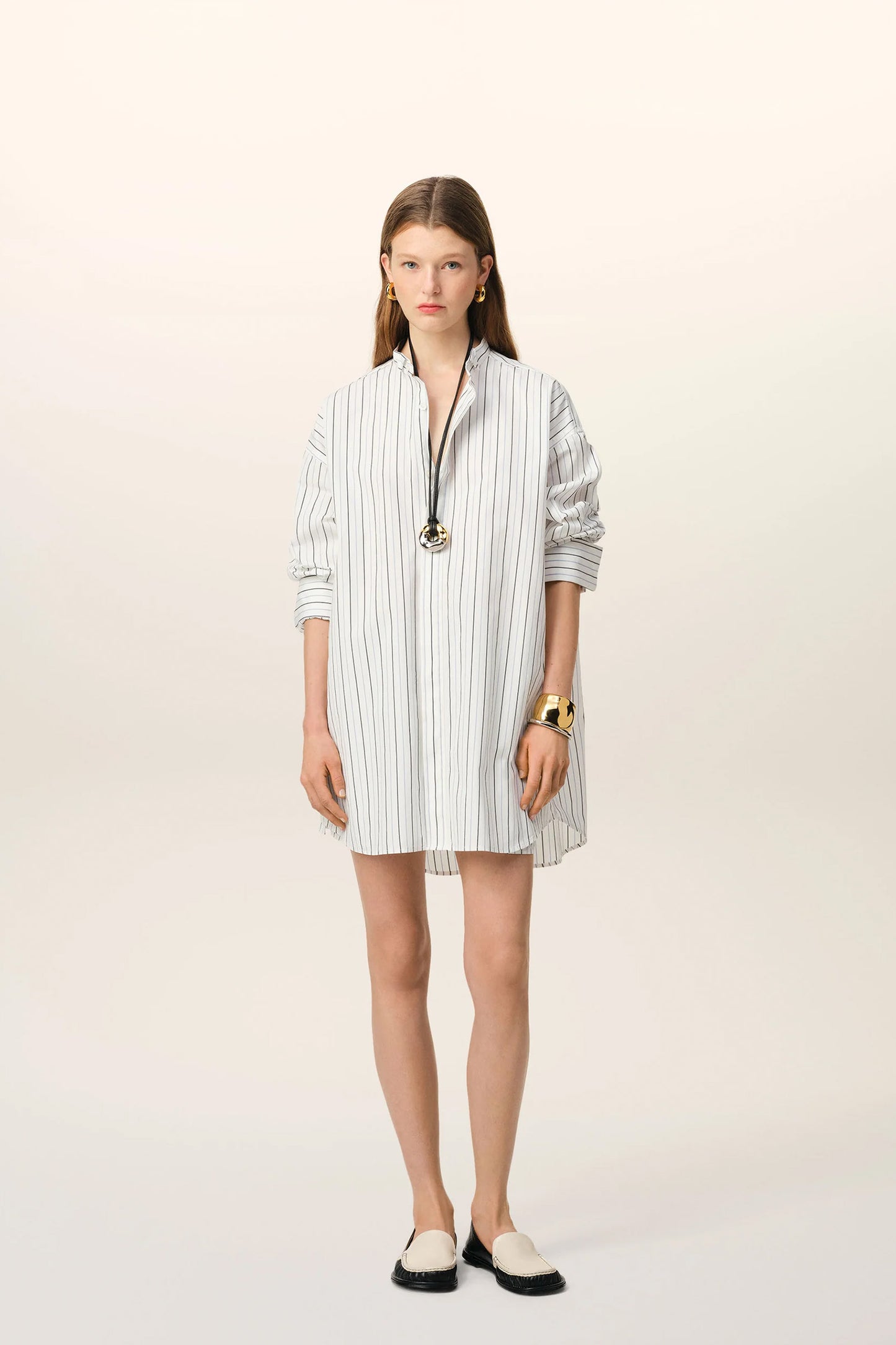 White And Blue Cotton Wingtip Collar Oversized Shirt