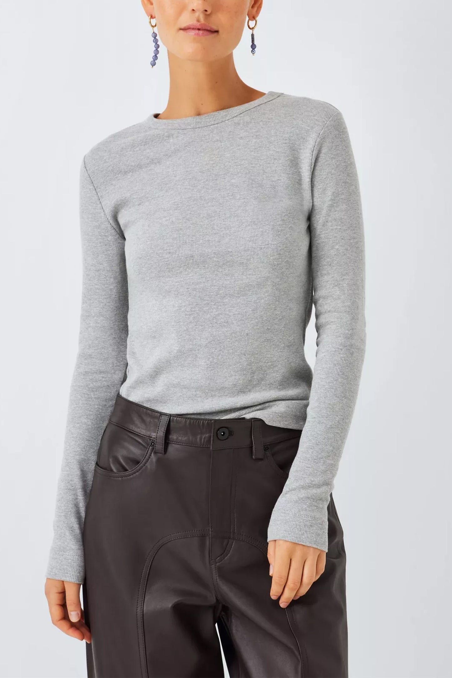 Ribbed Long-sleeve Crewneck Top in Grey Marl