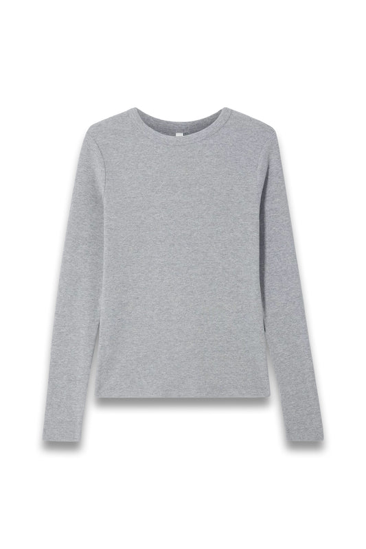Ribbed Long-sleeve Crewneck Top in Grey Marl