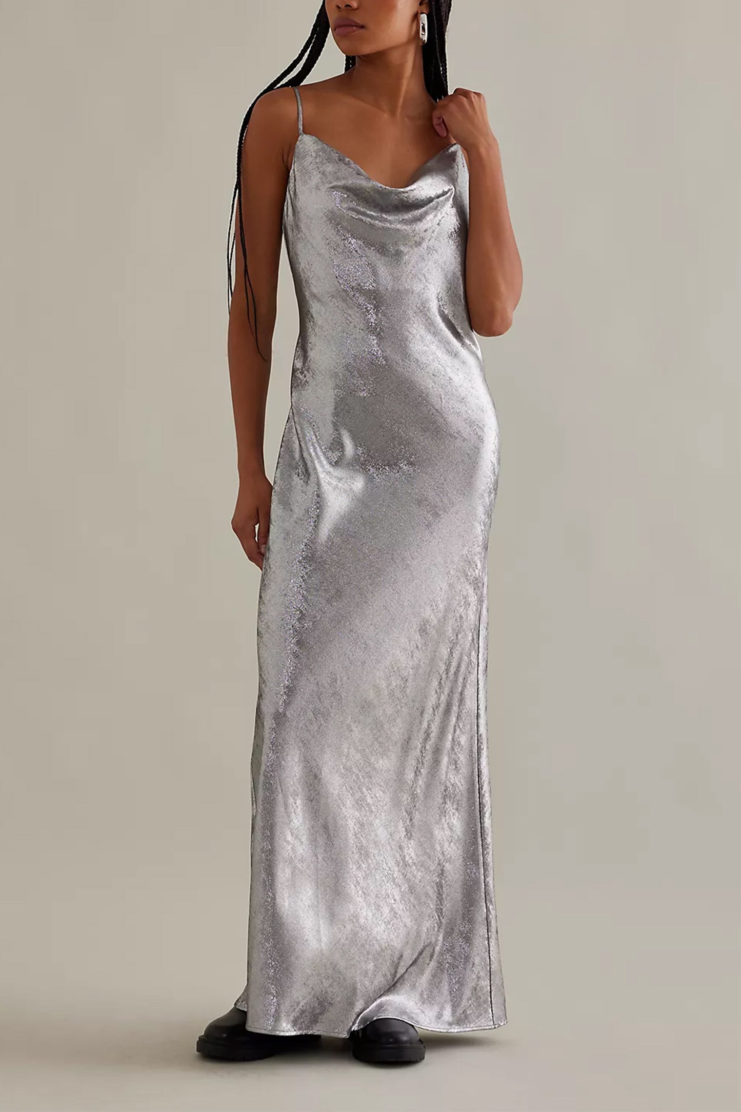 Metallic Cowl Neck Maxi Slip Dress