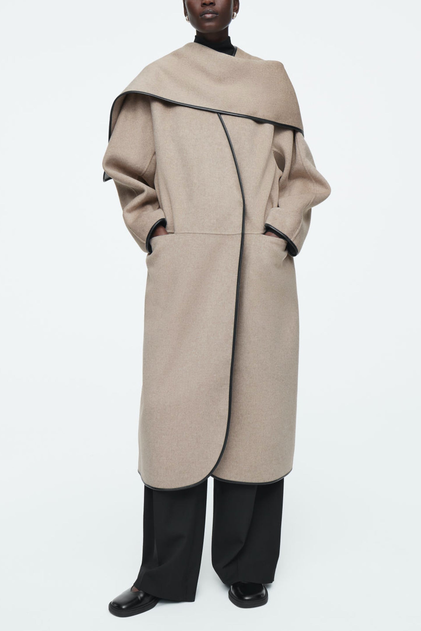 Leather-trimmed Wool Scarf Coat