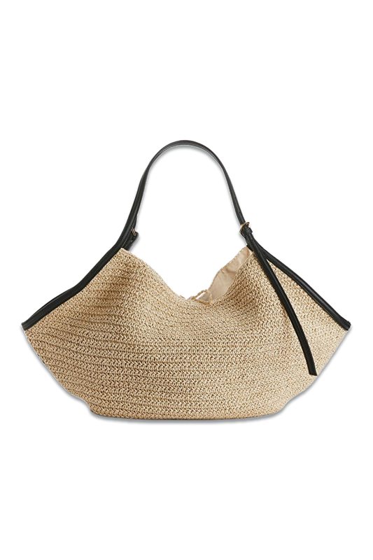 Leather-Detailed Straw Bag