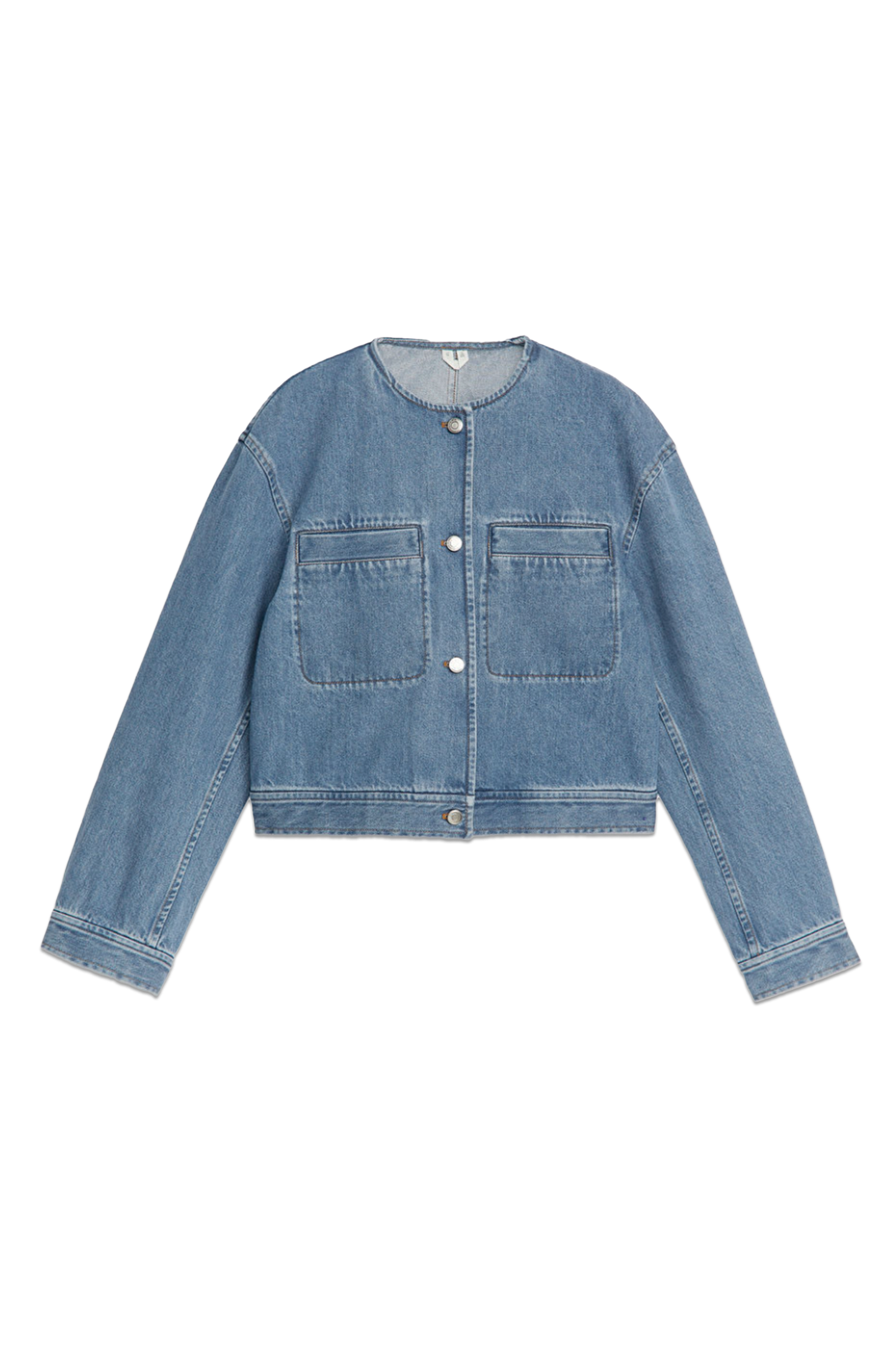 Collarless Mid Blue Denim Jacket