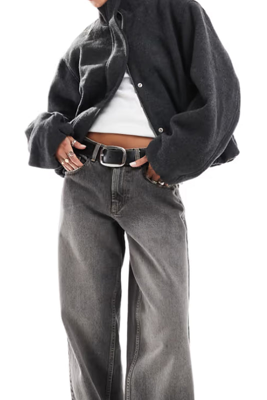 Funnel Neck Brushed Formal Bomber In Dark Charcoal