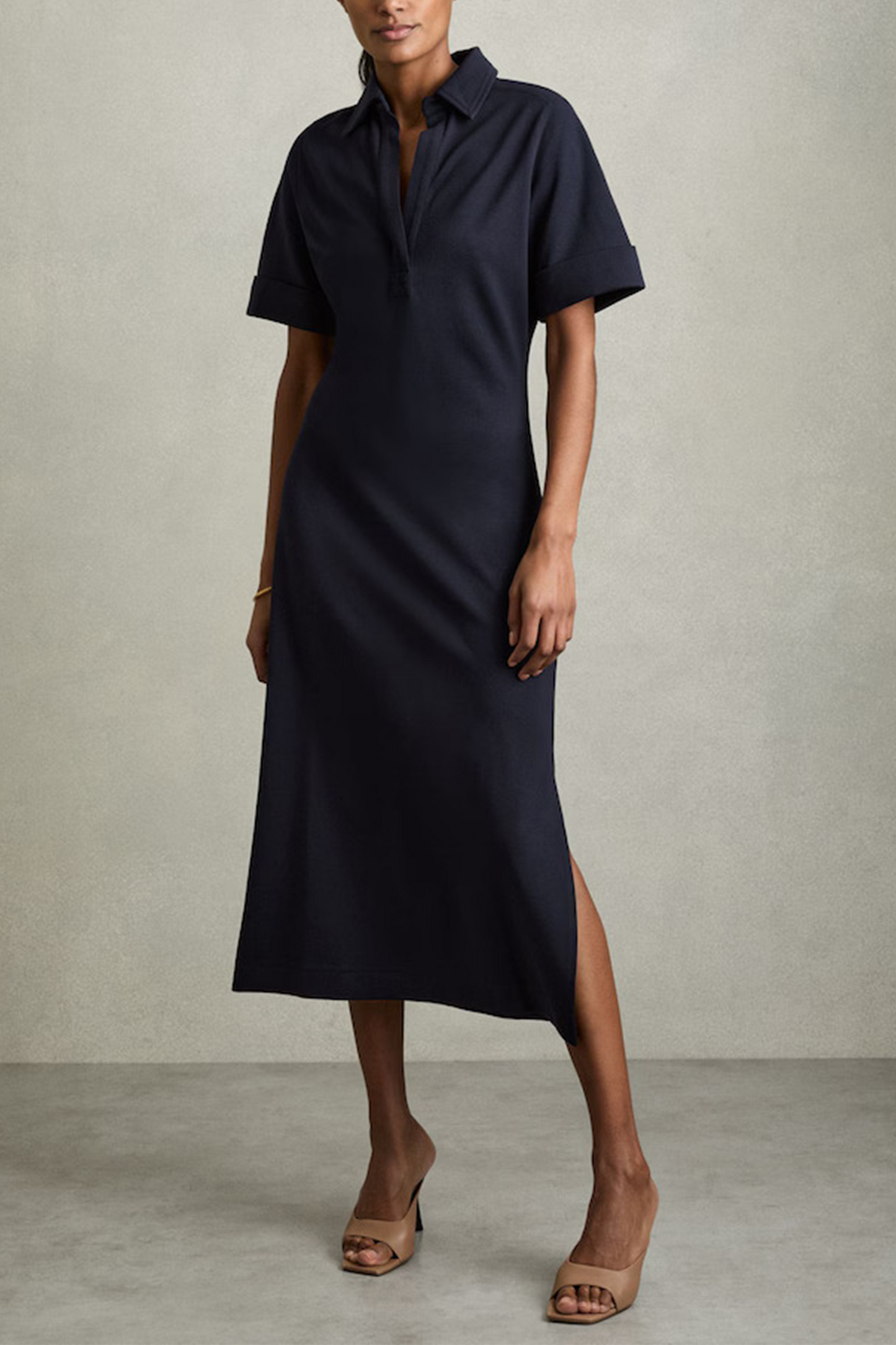 Astrid Jersey Open-collar Bodycon Dress in Navy
