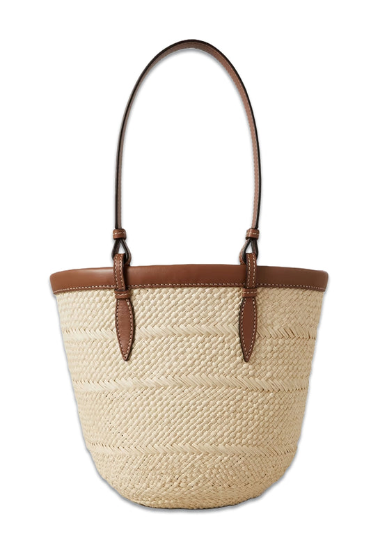 Small Leather-Trimmed Raffia Tote
