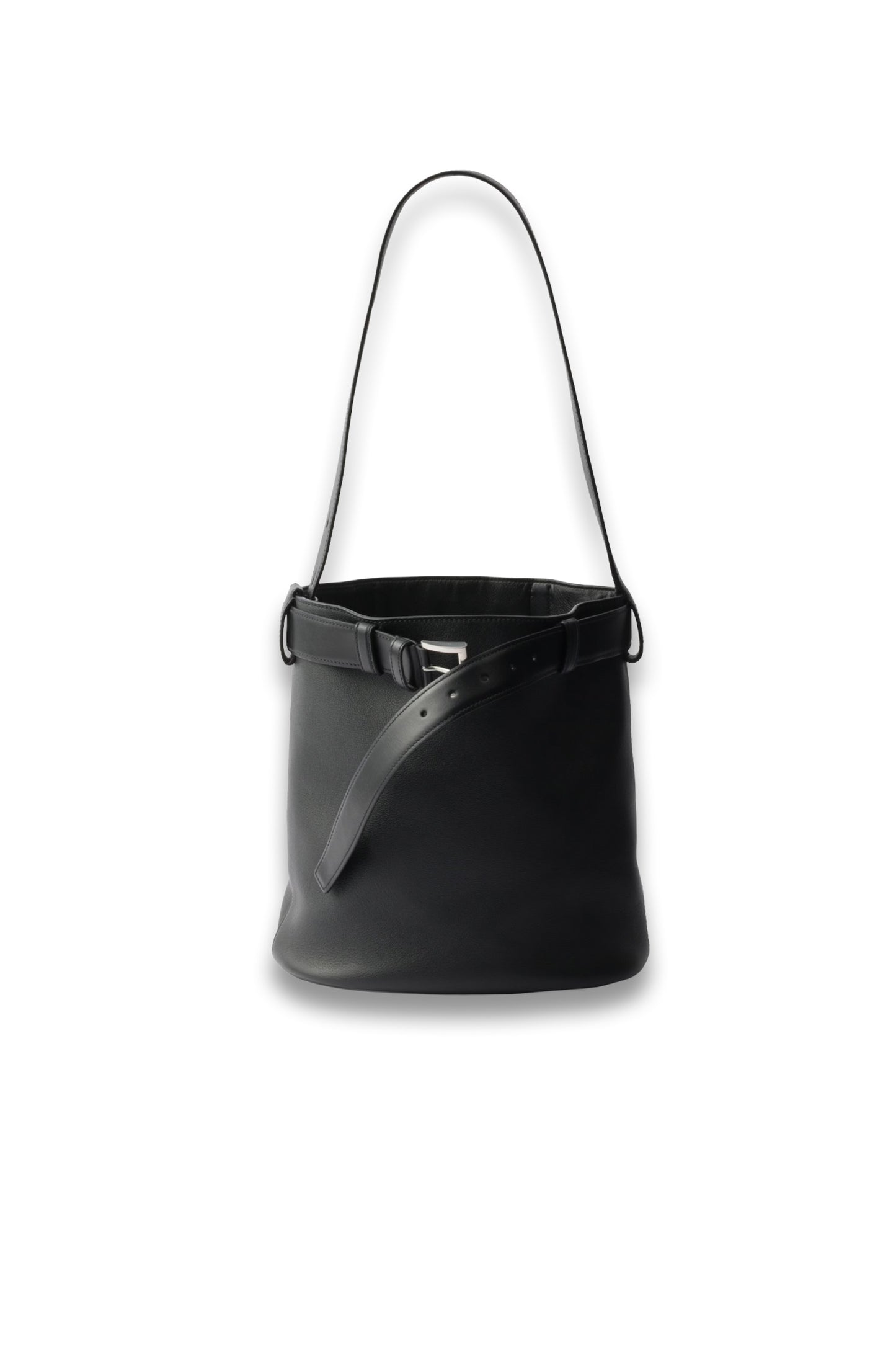 Black Buckle Leather Bucket Bag