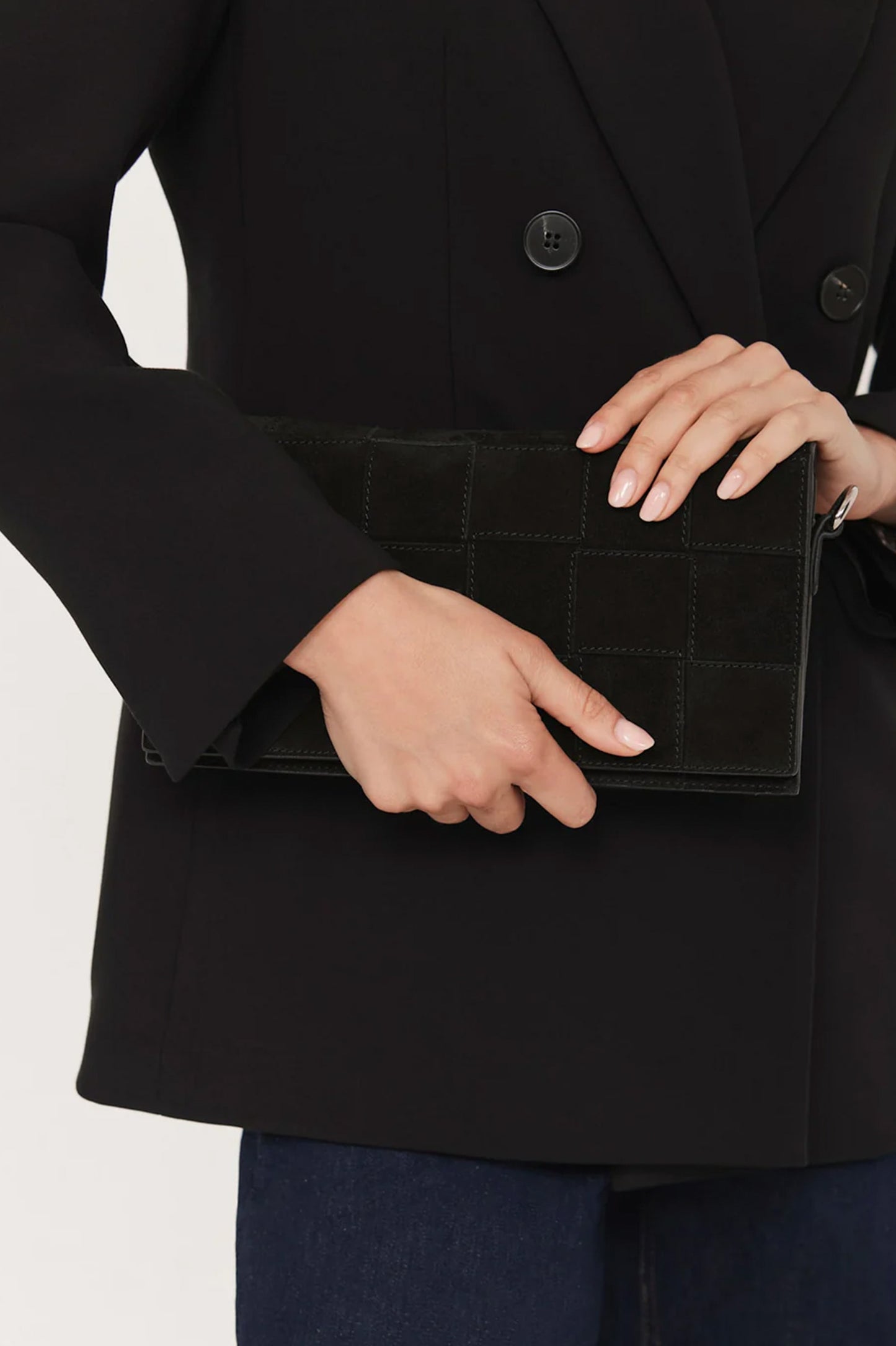 Avi Black Suede Woven Clutch