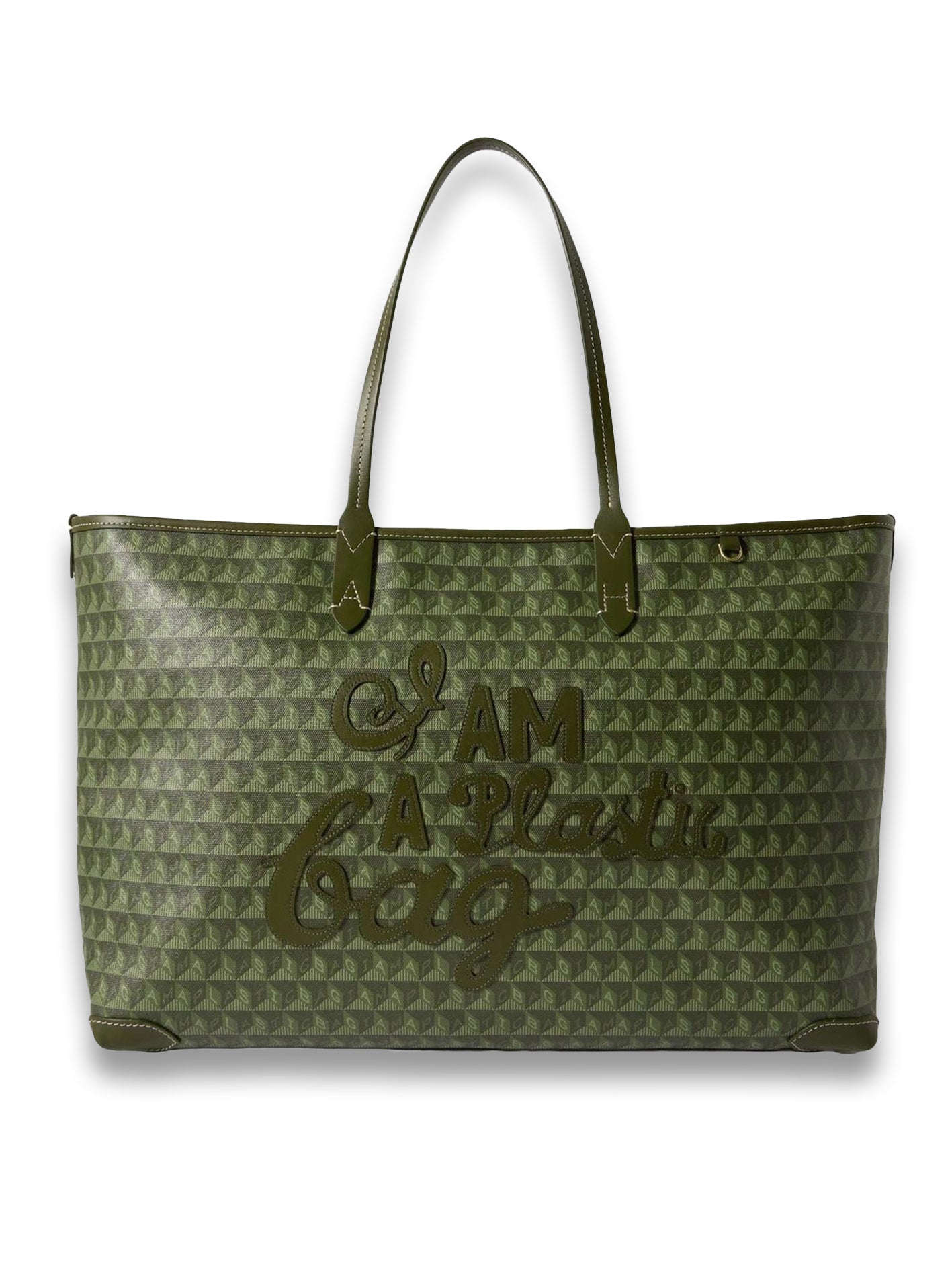 I Am A Plastic Bag Large Leather-Trimmed Printed Coated Recycled-Canvas Tote