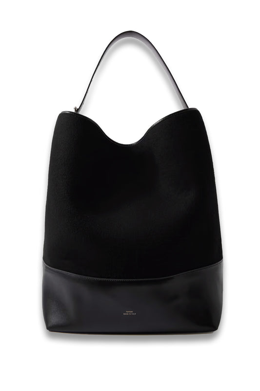 Leather-trimmed wool tote black