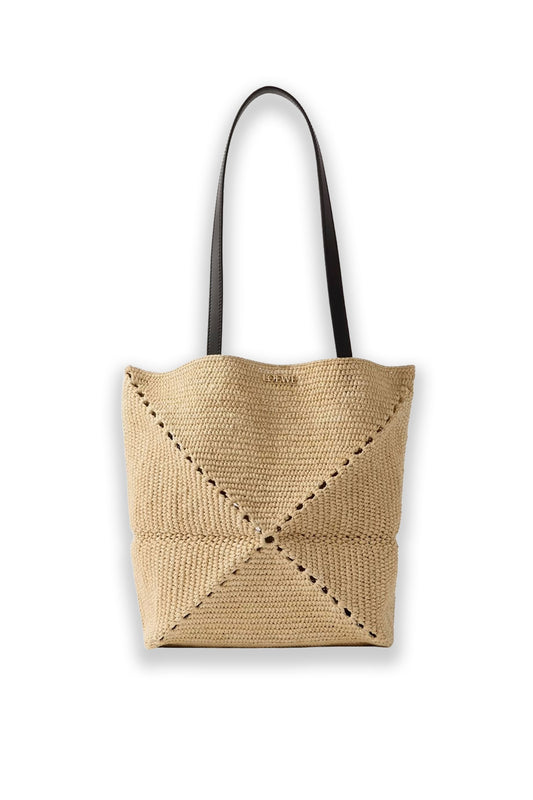 Paula's Ibiza Puzzle Fold Medium Leather-trimmed Raffia Tote