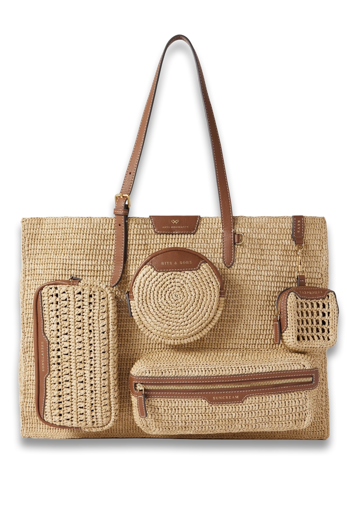 Leather-Trimmed Crocheted Raffia Tote