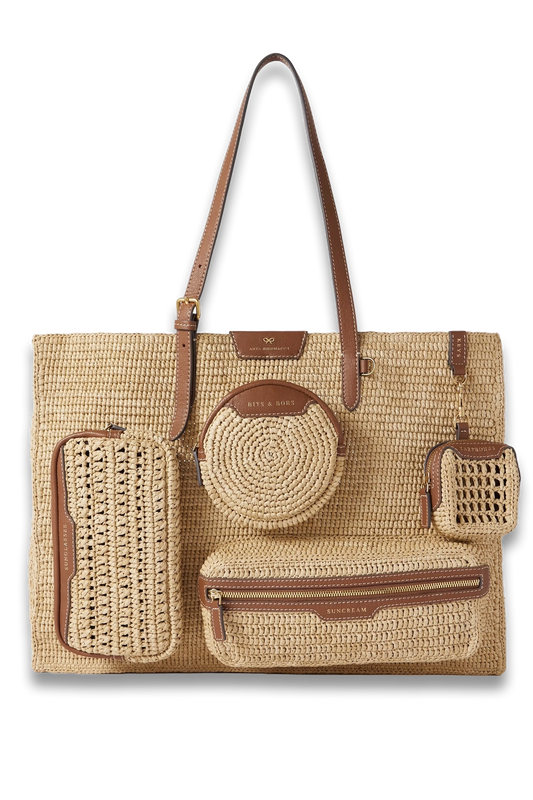 Leather-Trimmed Crocheted Raffia Tote