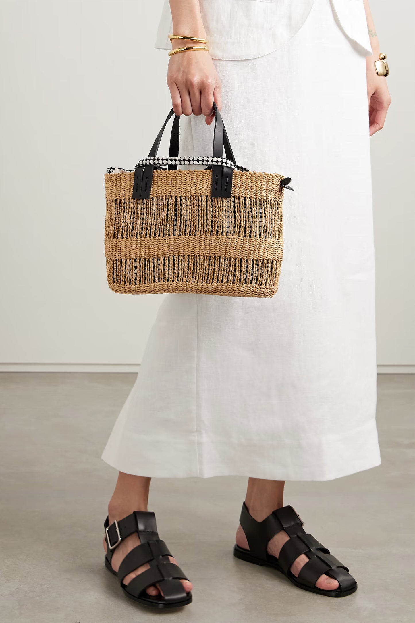 Marcus Leather-Trimmed Woven Straw Tote