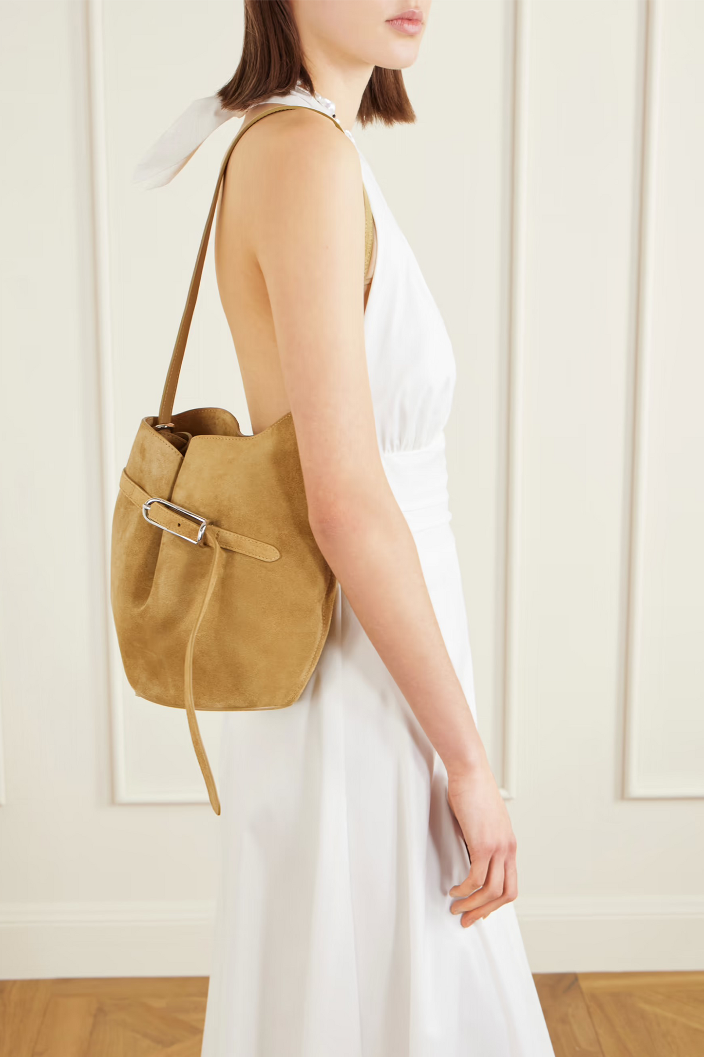 Belted Suede Bucket Bag