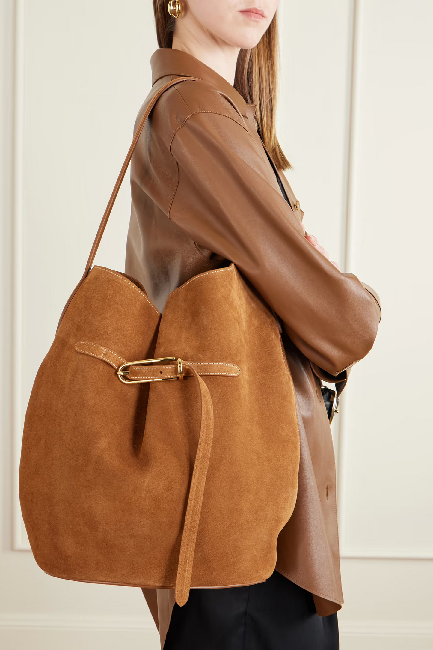 Large Belted Suede Bucket Bag