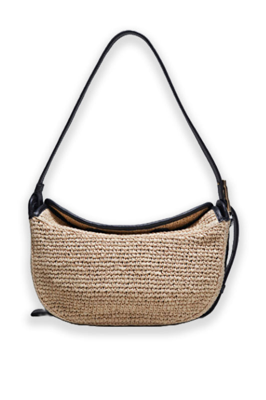 Leather-Trimmed Straw Shoulder Bag
