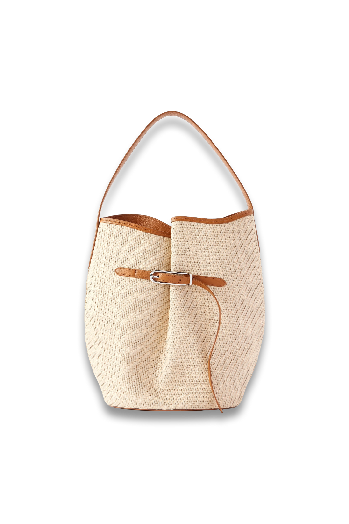 Buckled Leather-trimmed Woven Raffia Shoulder Bag
