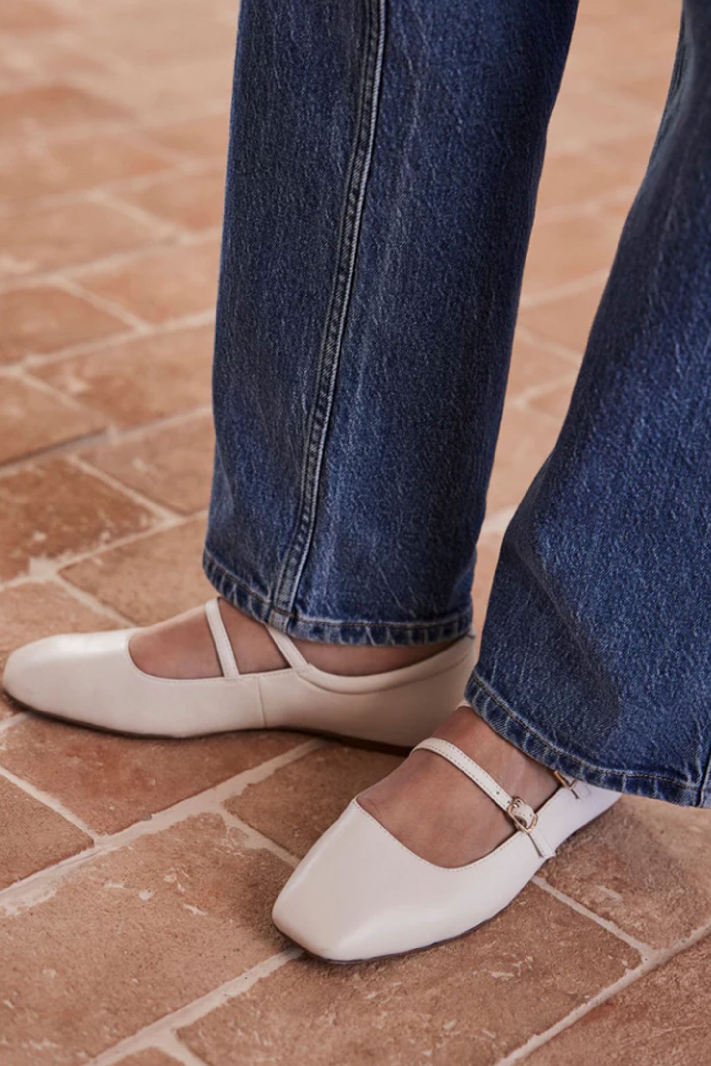 MJ Cream Leather Ballet Pumps