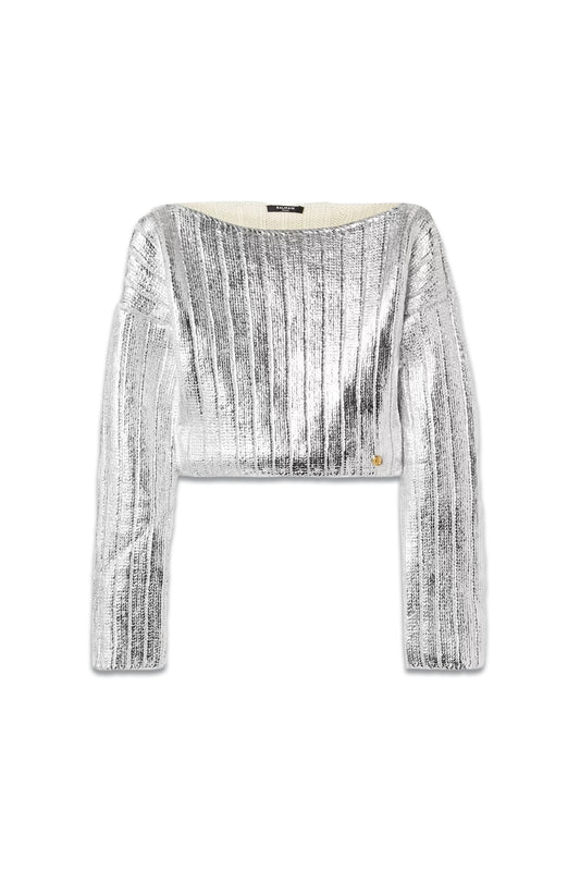 Cropped Metallic Coated Wool and Lyocell-blend Sweater