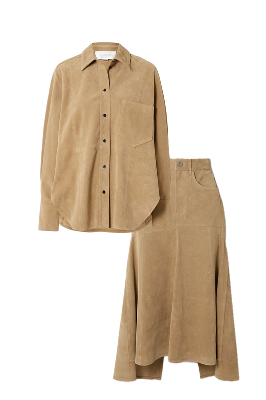 Suede Shirt and Paneled Suede Midi Skirt