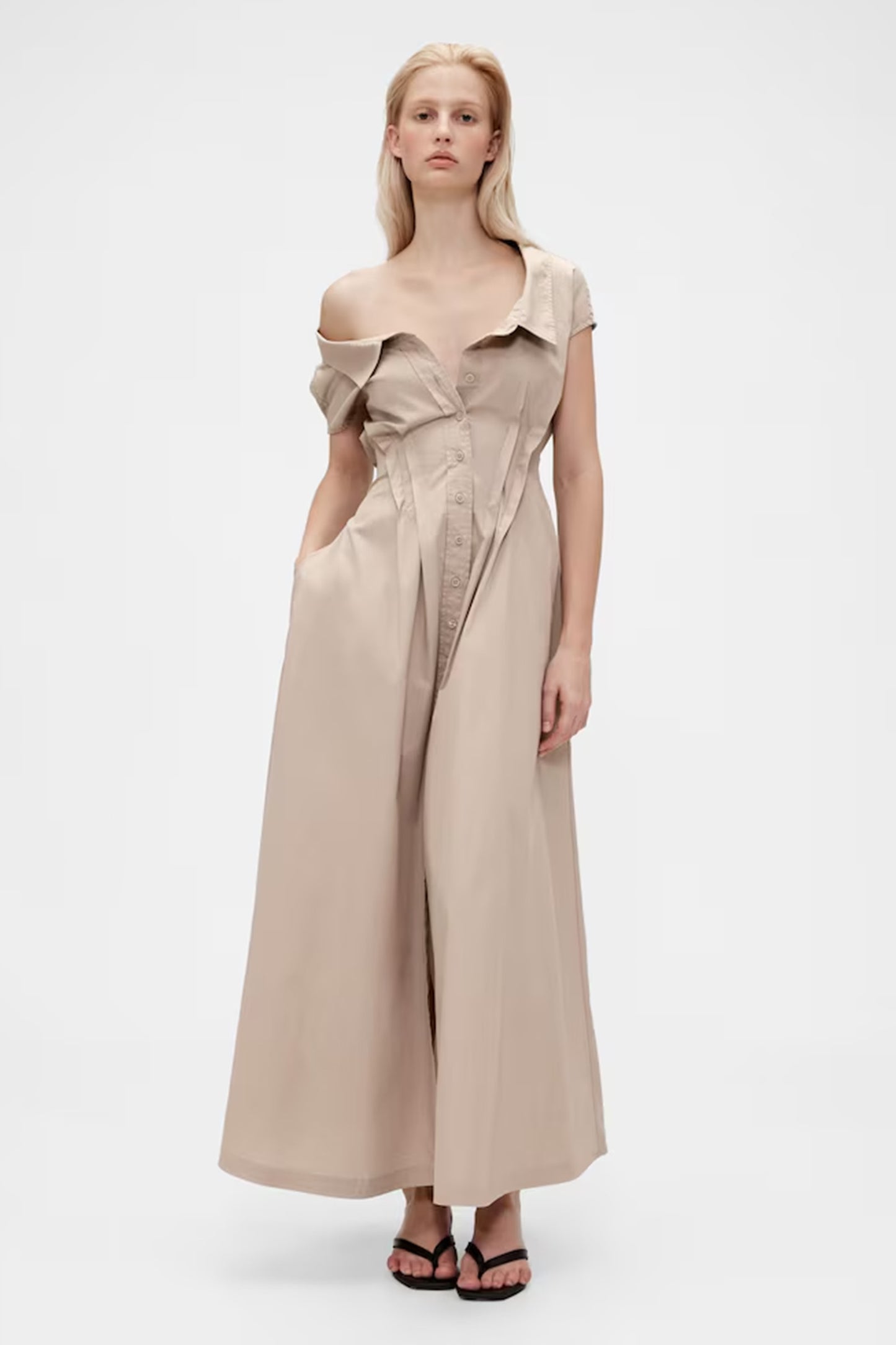 Beige Poplin Maxi Shirt Dress