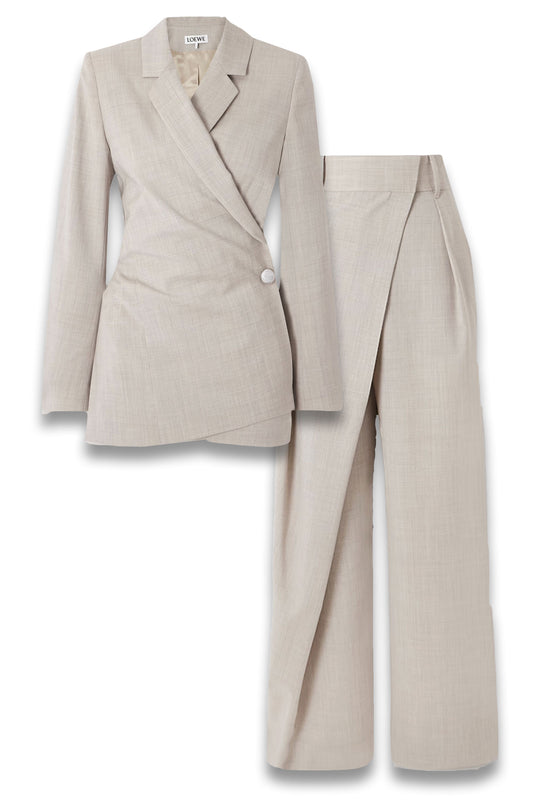 Wool Wrap Blazer and Asymmetric Pleated Wide-leg Pants