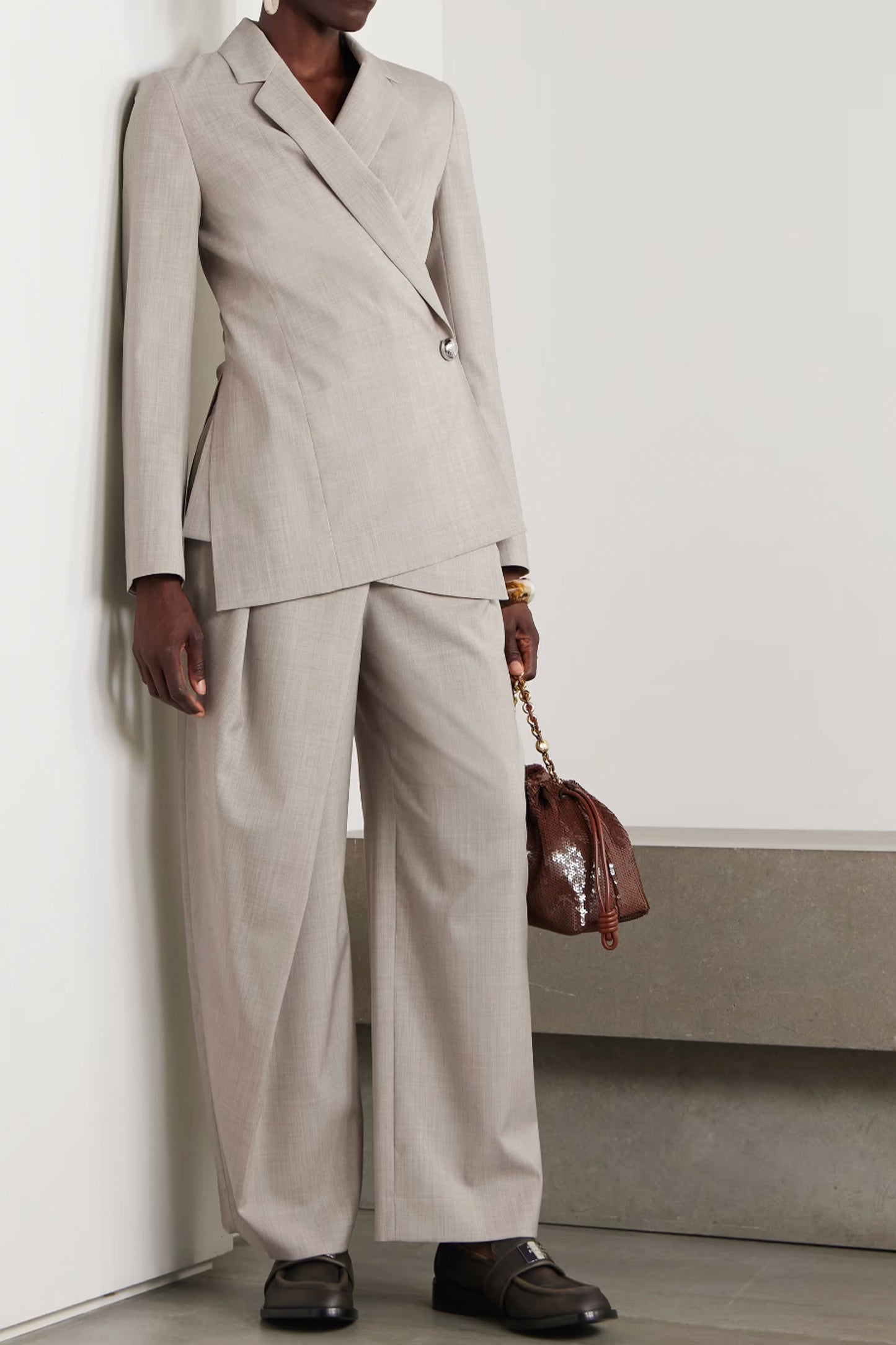 Wool Wrap Blazer and Asymmetric Pleated Wide-leg Pants