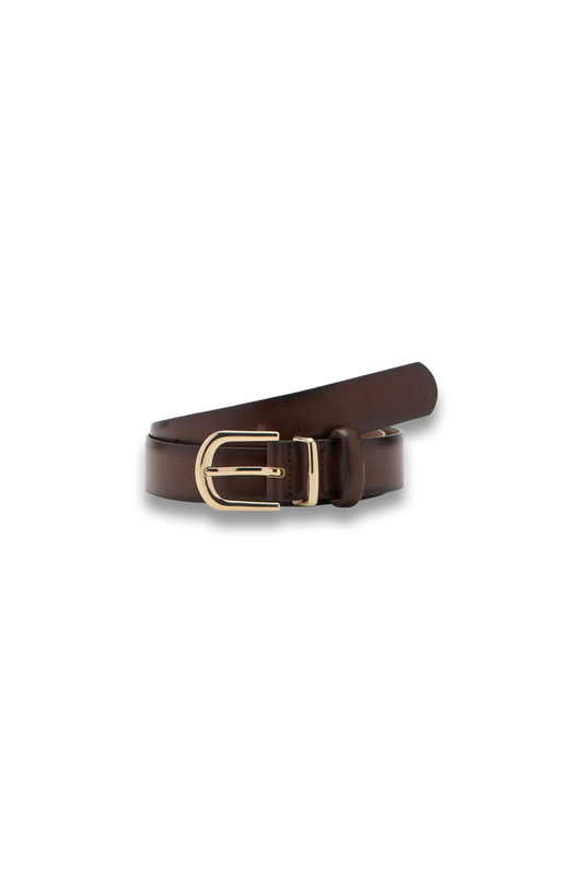 Rounded-buckle Pure Leather Belt in Chocolate